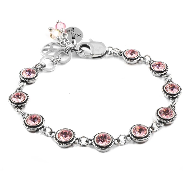 Minimalist October Birthstone Bracelet, Birthday Gift, Peace Charm, Austrian Crystals, Adjustable Non Tarnish Stainless